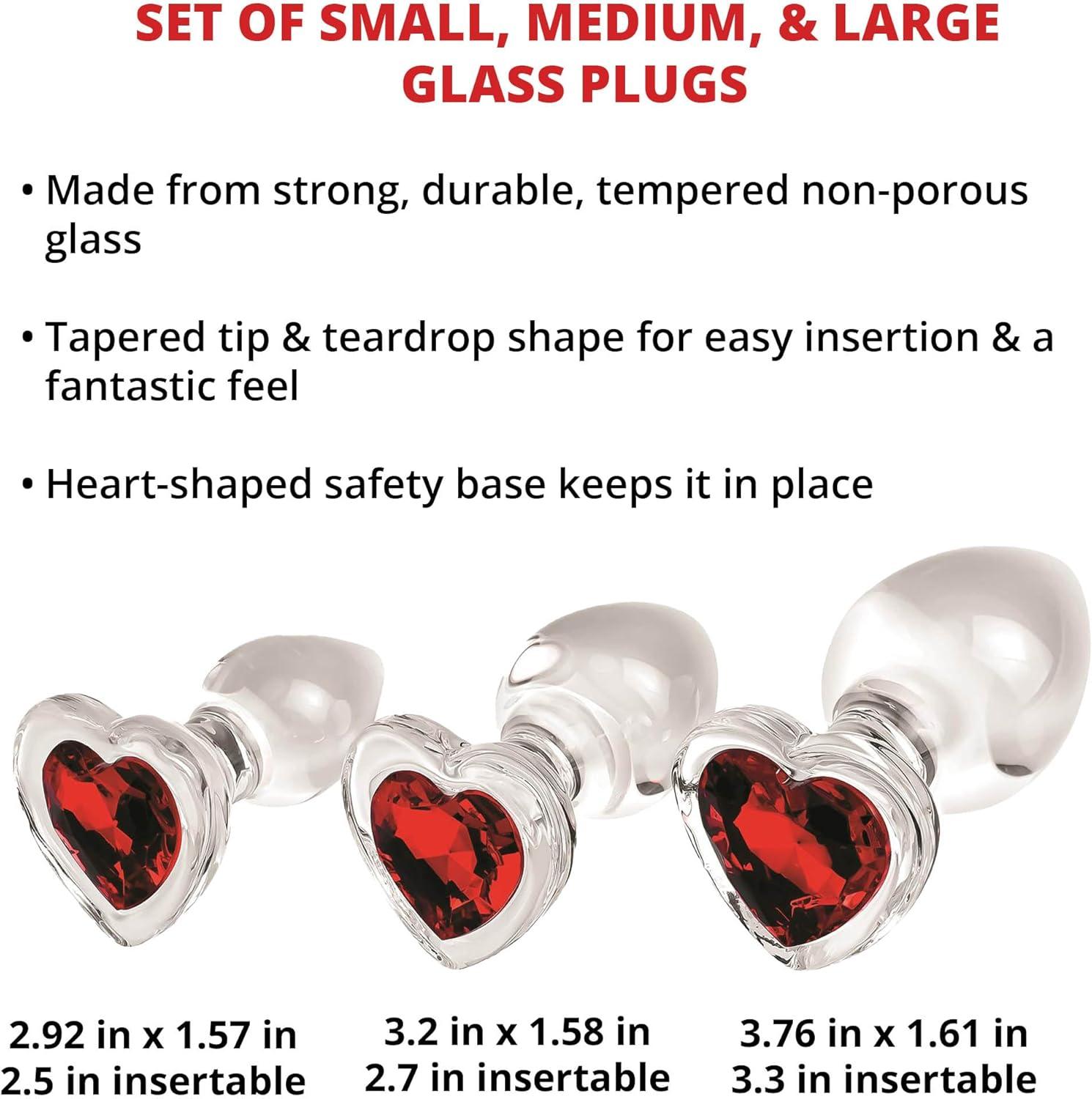 imageAdam ampamp Eve Red Heart Gem Glass Plug Set 3 Piece Anal Training Kit with Small Medium and Large Plugs Tapered Tip for Easy Entry Non Porous Glass for Temperature Play Waterproof Safe with Any Lubes