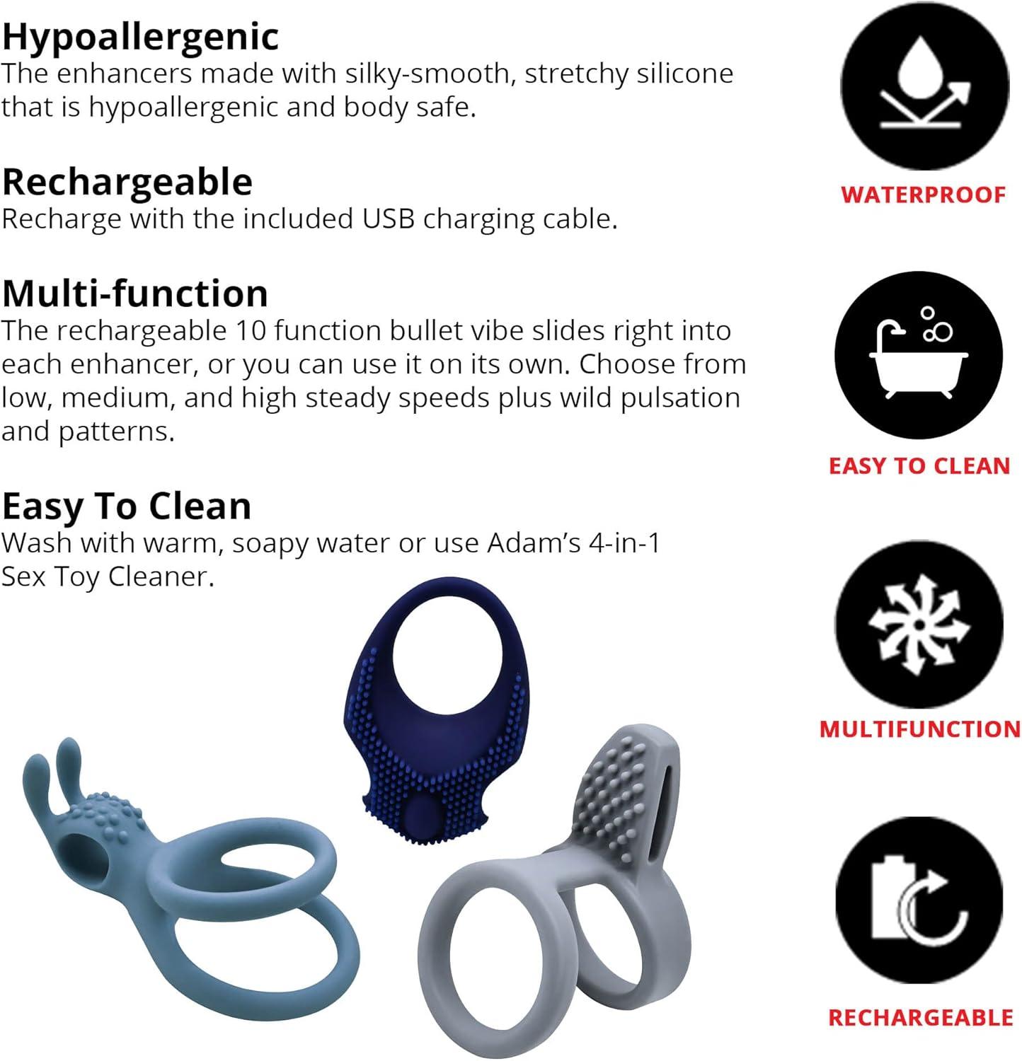 imageAdam ampamp Eve Rockin Rumbler Enhancers 3 Vibrating Couples Rings with Rechargeable Bullet Vibrator Tickler Rabbit Cage Enhancer Silicone Rings Clitoral Stimulator for Her Him ampamp Couples