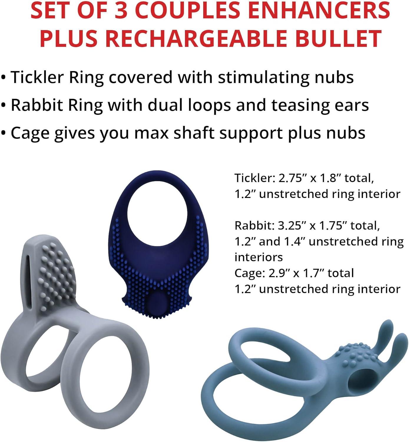 imageAdam ampamp Eve Rockin Rumbler Enhancers 3 Vibrating Couples Rings with Rechargeable Bullet Vibrator Tickler Rabbit Cage Enhancer Silicone Rings Clitoral Stimulator for Her Him ampamp Couples