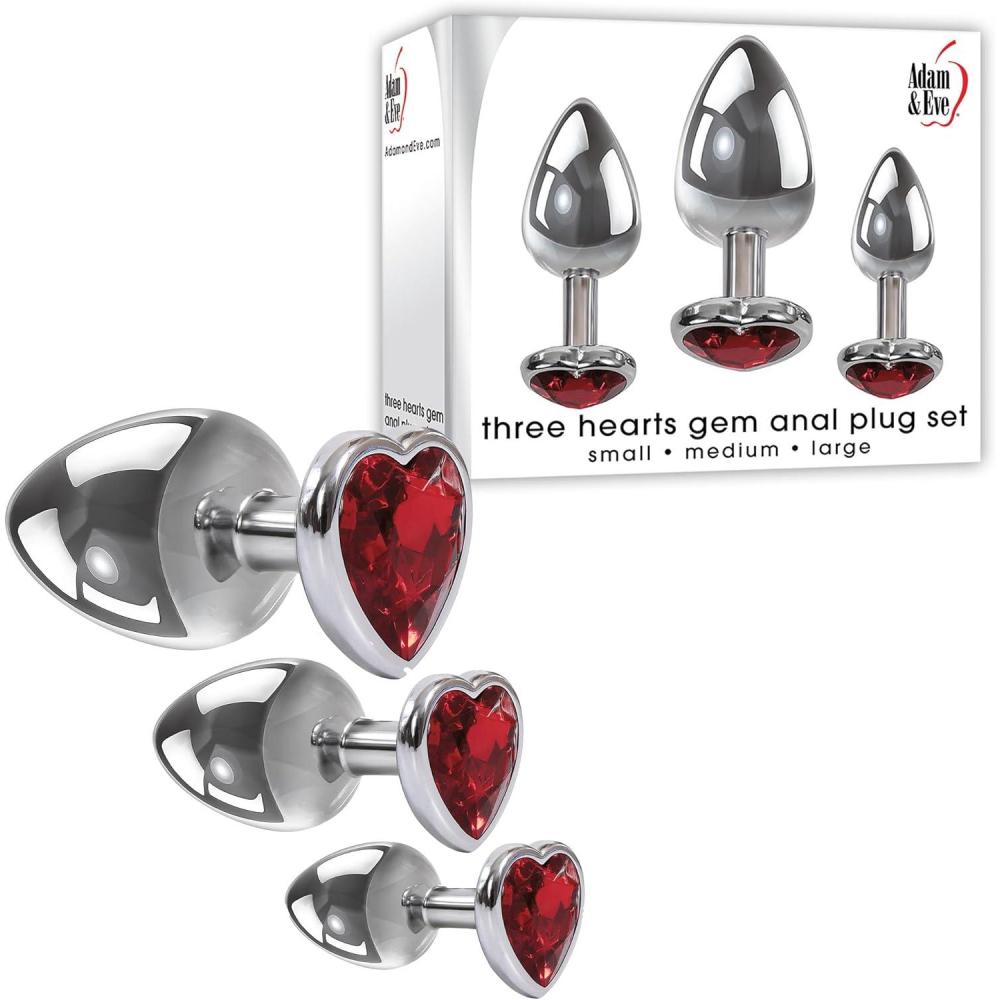 imageAdam ampamp Eve Three Hearts Gem Anal Plug Set 3 Piece Polished Aluminum Butt Plug Kit with Sparkling Jewel Bases Small Medium Large Sizes Tapered Tips for Easy Insertion Includes Velvet Storage Bag