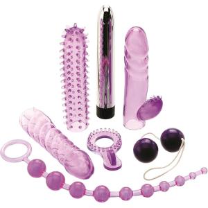 Adam & Eve Complete Lover’s Kit, 7 Piece Couples Sex Toy Set, Includes Vibrator, Rabbit Sleeve, Tickler Sleeve, Ribbed Sleeve, Penis Ring, Anal Beads, Kegel Balls, Waterproof, Body Safe