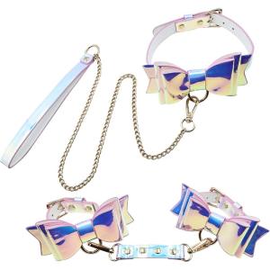 Adam & Eve Fairy Bondage Set, Iridescent Collar Cuffs Leash & Connector, 5 Piece Adjustable Bondage Gear for Couples, Faux Leather Bow Tie Collar and Wrist Cuffs with Gold Details, Soft and Stylish