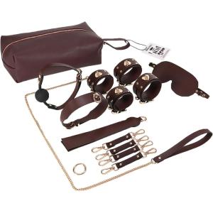 Adam & Eve Mahogany Desires Bondage Collection with Travel Case, 10 Piece BDSM Set with Leather Cuffs, Ball Gag, Blindfold, Paddle, Collar & Leash, Hog Tie Connector, Adjustable, Discreet Travel Case