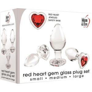 Adam & Eve Red Heart Gem Glass Plug Set, 3 Piece Anal Training Kit with Small Medium and Large Plugs, Tapered Tip for Easy Entry, Non Porous Glass for Temperature Play, Waterproof, Safe with Any Lubes