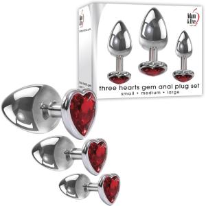 Adam & Eve Three Hearts Gem Anal Plug Set, 3 Piece Polished Aluminum Butt Plug Kit with Sparkling Jewel Bases, Small Medium Large Sizes, Tapered Tips for Easy Insertion, Includes Velvet Storage Bag
