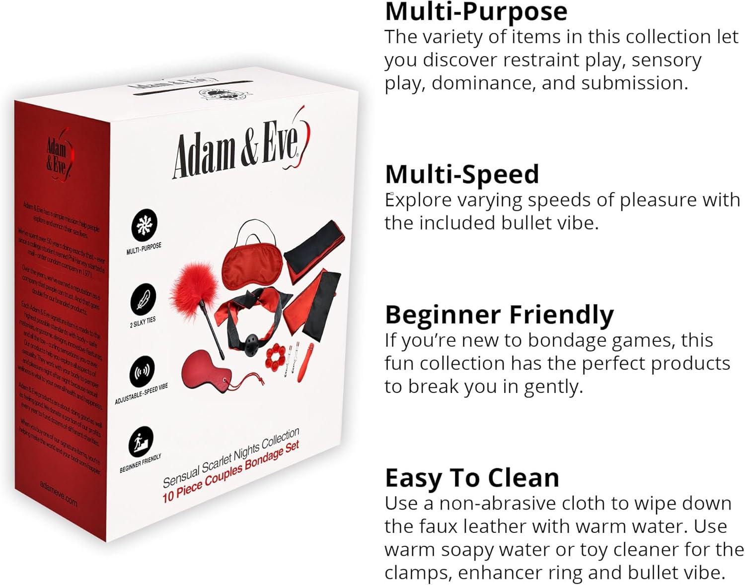 imageAdam ampamp Eve Scarlet Nights Bondage Collection 10 Piece Set with Silk Ties Paddle Ball Gag Nipple Clamps Blindfold Feather Tickler Bullet Vibe Enhancer Ring for Couples Seeking Passion