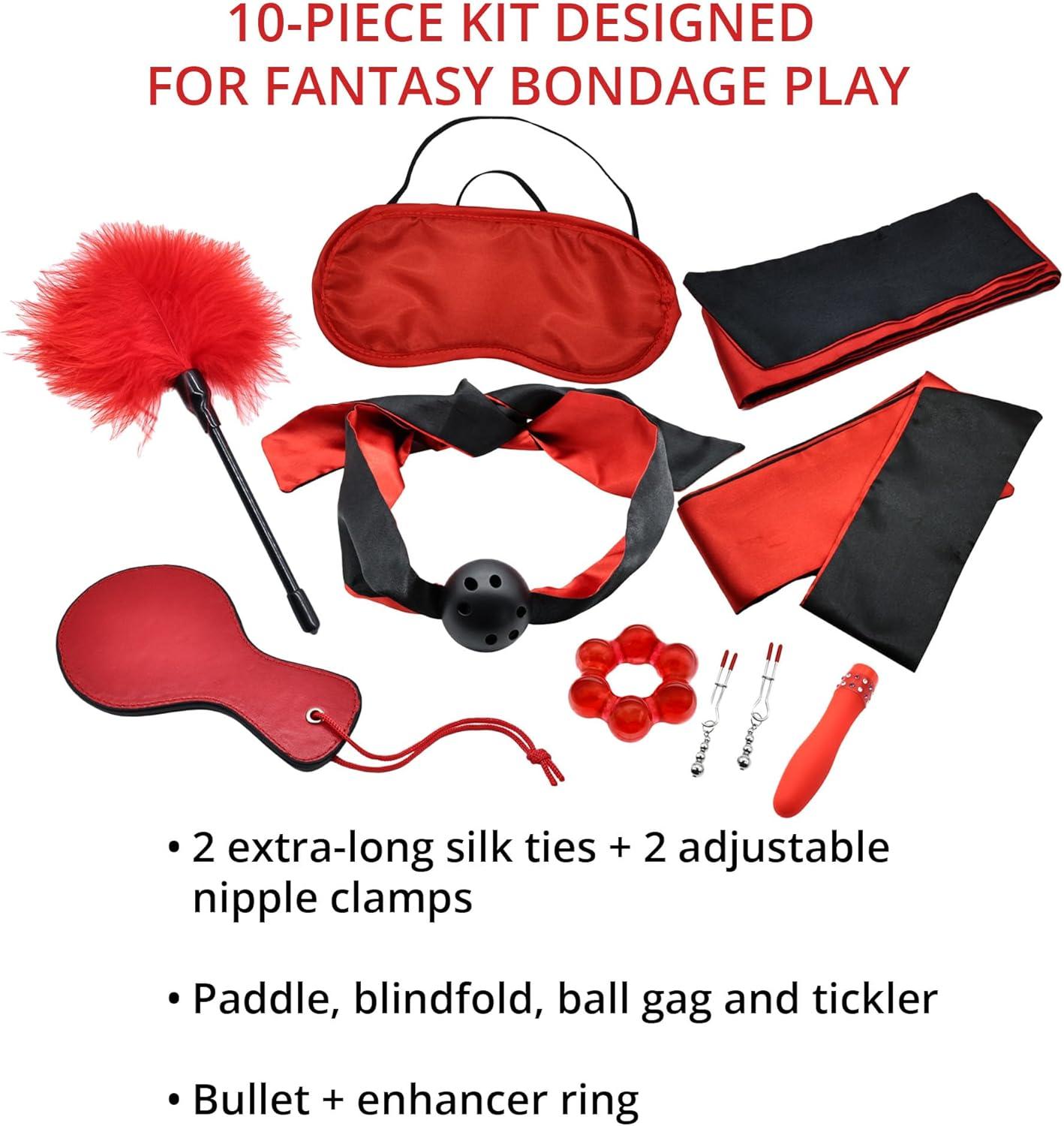 imageAdam ampamp Eve Scarlet Nights Bondage Collection 10 Piece Set with Silk Ties Paddle Ball Gag Nipple Clamps Blindfold Feather Tickler Bullet Vibe Enhancer Ring for Couples Seeking Passion