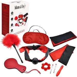 Adam & Eve Scarlet Nights Bondage Collection, 10 Piece Set with Silk Ties, Paddle, Ball Gag, Nipple Clamps, Blindfold, Feather Tickler, Bullet Vibe, Enhancer Ring, for Couples Seeking Passion