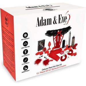 Adam and Eve Deluxe Red Hot Sex Kit, Couples Sex Toys Set with 13 Pcs, Bondage and Sex Toys for Games, BDSM Kit and Sex Toy Kit with Vibrators, Handcuffs, Rope, Nipple Clamps, Foreplay Accessories