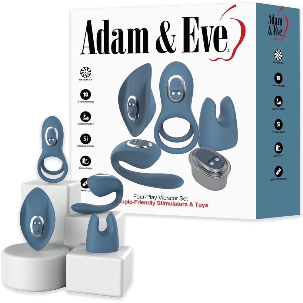 imageAdam amp Eve Four Play Vibrator Set 5 Piece Couples Kit with Rechargeable Vibrating Base Rabbit Sleeve Body Massager Double Penis Ring and Couples Stimulator 10 Vibration Modes Silicone and ABS