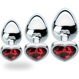 Adam & Eve Red Hearts Gem Anal Plug, Polished Aluminum Butt Plug with Sparkling Heart Jewel, Tapered Tip for Easy Insertion, Temperature Play, Includes Velvet Storage Bag, Medium Size