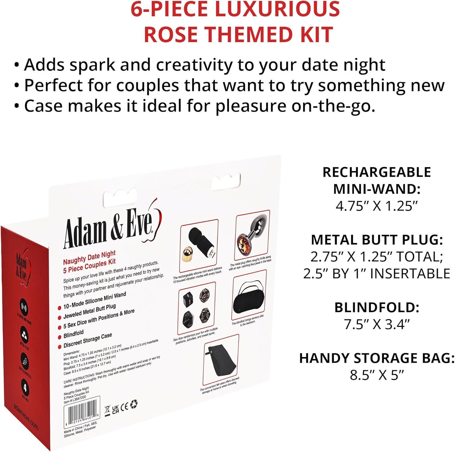 imageAdam and Eve Naughty Date Night Kit Couples Sex Toy Set with Rechargeable Mini Wand Metal Plug Foreplay Dice Sex Position Dice Blindfold and Storage Case for Romantic Adult Bedroom Games