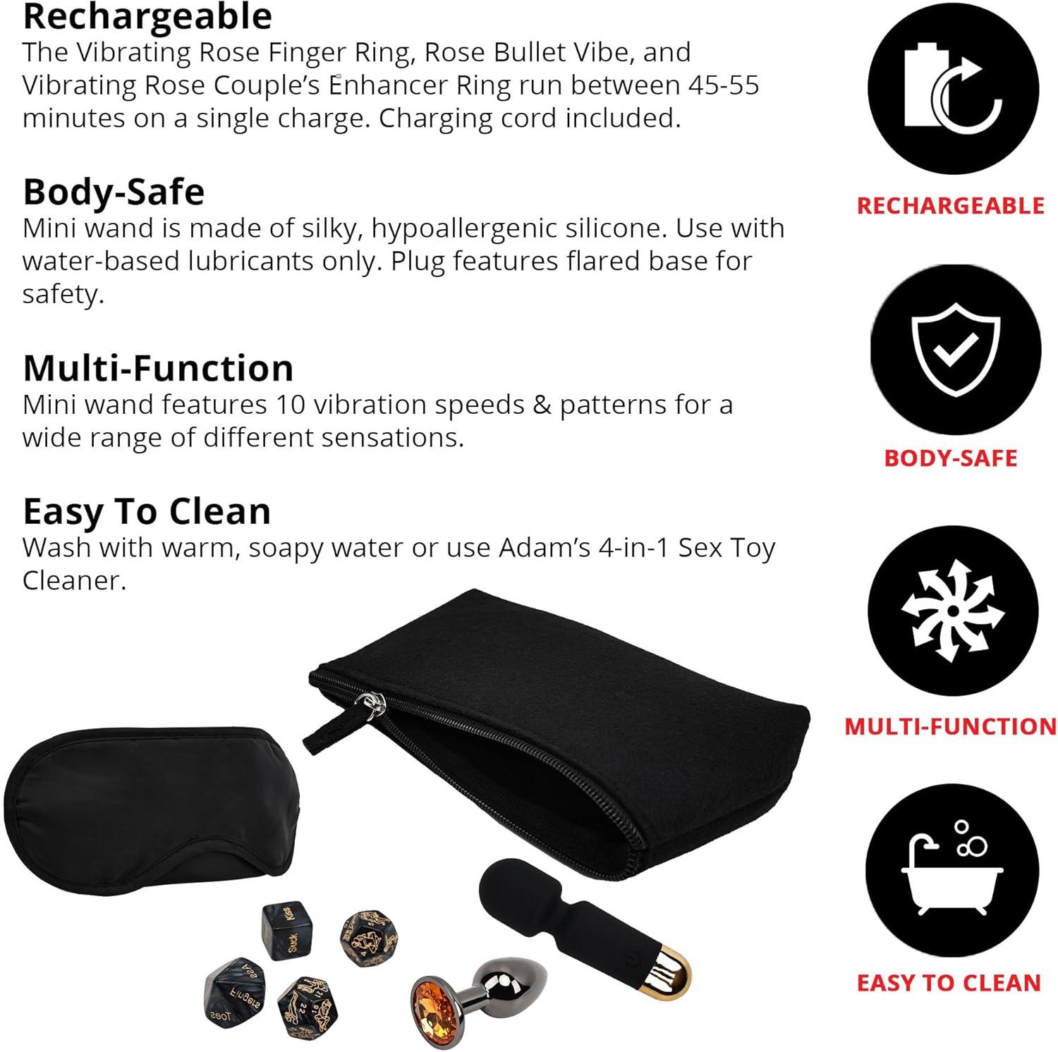 imageAdam and Eve Naughty Date Night Kit Couples Sex Toy Set with Rechargeable Mini Wand Metal Plug Foreplay Dice Sex Position Dice Blindfold and Storage Case for Romantic Adult Bedroom Games