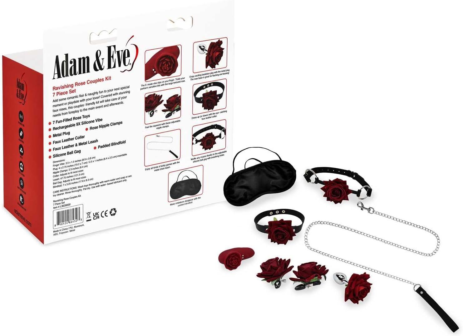 imageAdam and Eve Ravishing Rose 7 Piece Couples Kit Romantic Sex Toys Set for Couples Rose Finger Vibrator Anal Plug Ball Gag Collar Leash Nipple Clamps Blindfold for Foreplay and Bondage Play
