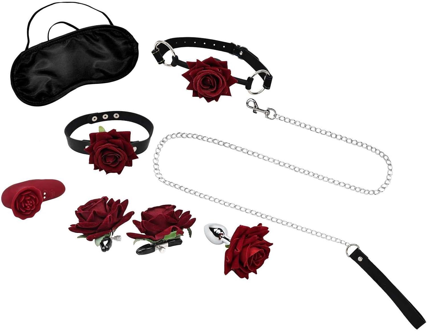 imageAdam and Eve Ravishing Rose 7 Piece Couples Kit Romantic Sex Toys Set for Couples Rose Finger Vibrator Anal Plug Ball Gag Collar Leash Nipple Clamps Blindfold for Foreplay and Bondage Play