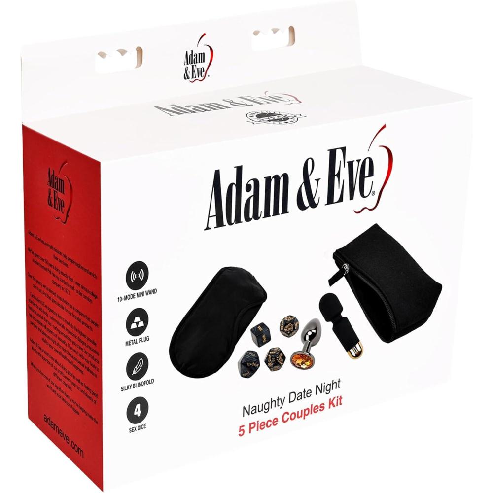 imageAdam and Eve Naughty Date Night Kit Couples Sex Toy Set with Rechargeable Mini Wand Metal Plug Foreplay Dice Sex Position Dice Blindfold and Storage Case for Romantic Adult Bedroom Games