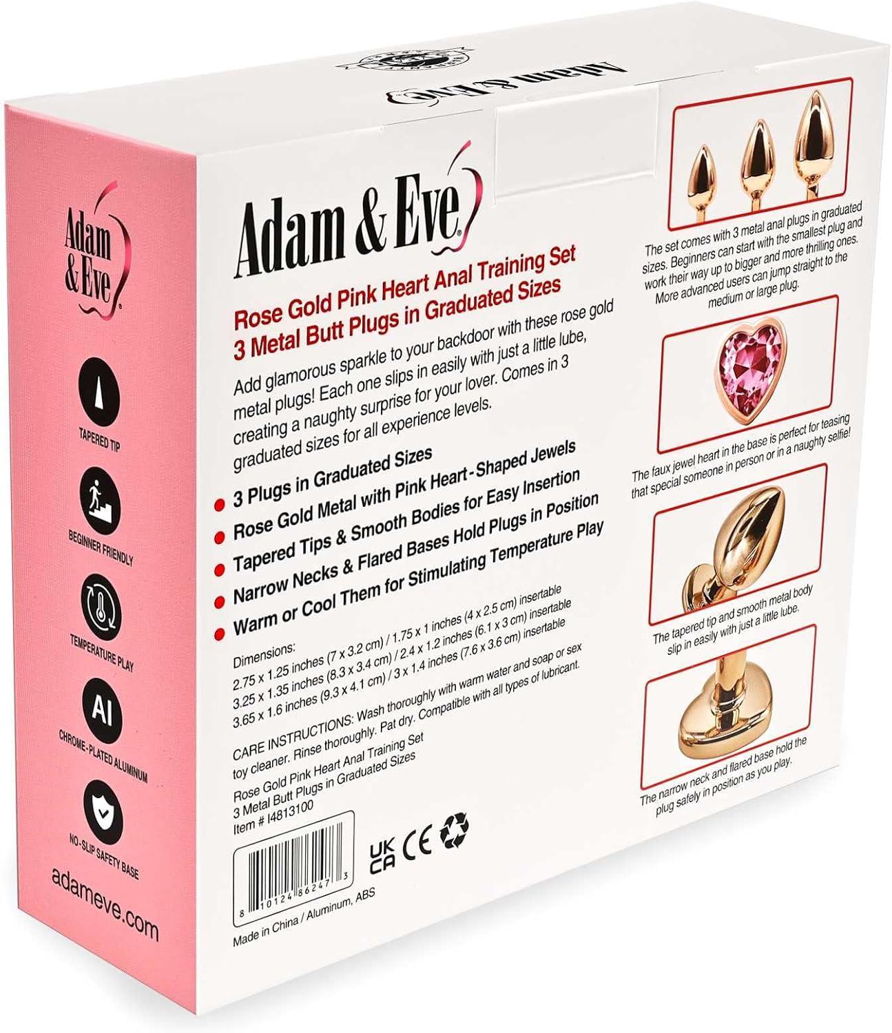 imageAdam amp Eve Rose Gold Pink Heart Anal Training Plug Set 3 Size Beginner to Advanced Kit Tapered Teardrop Shape Jewel Heart Safety Base