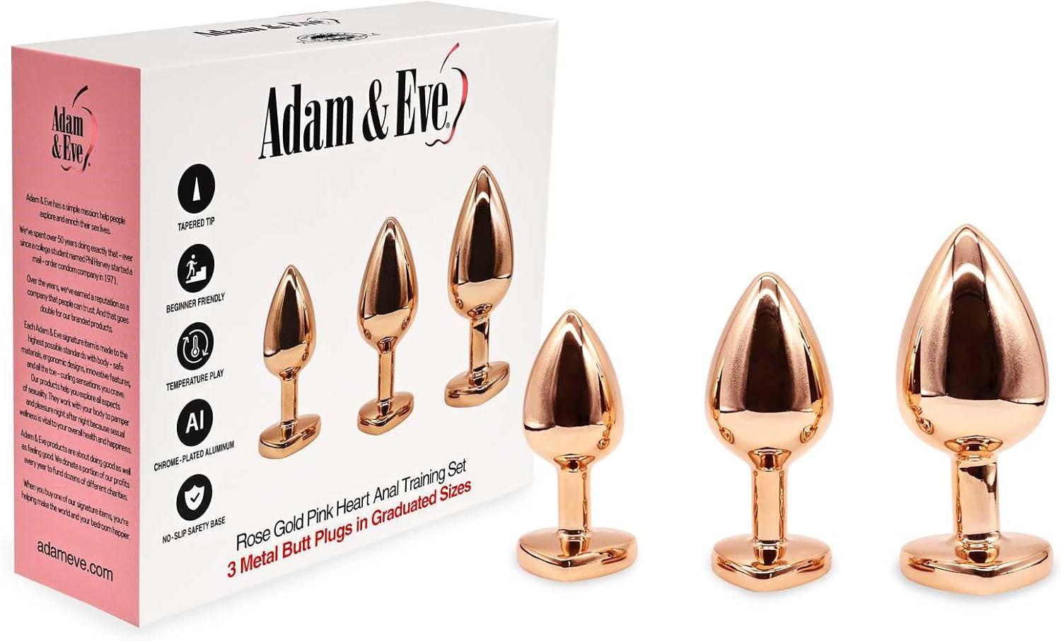 imageAdam amp Eve Rose Gold Pink Heart Anal Training Plug Set 3 Size Beginner to Advanced Kit Tapered Teardrop Shape Jewel Heart Safety Base