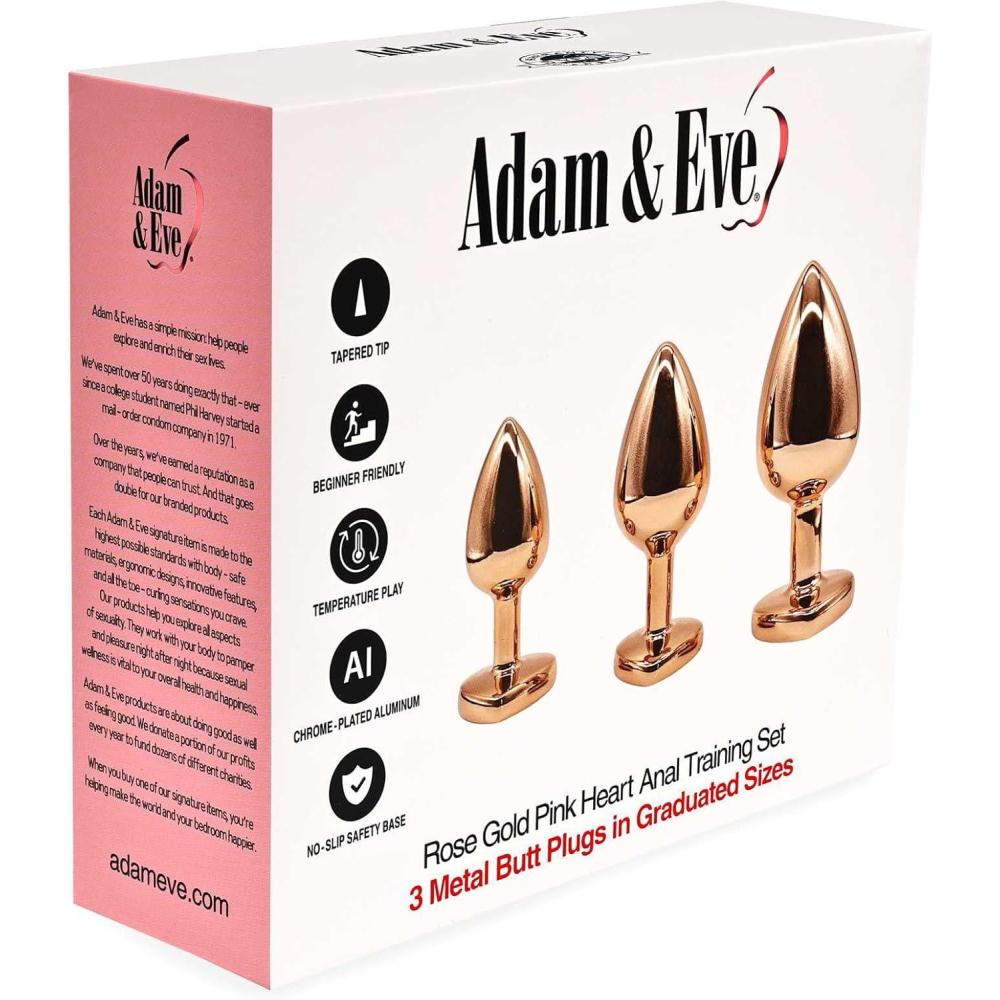 imageAdam amp Eve Rose Gold Pink Heart Anal Training Plug Set 3 Size Beginner to Advanced Kit Tapered Teardrop Shape Jewel Heart Safety Base