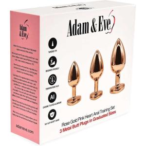 Adam & Eve Rose Gold Pink Heart Anal Training Plug Set, 3 Size Beginner to Advanced Kit, Tapered Teardrop Shape, Jewel Heart Safety Base