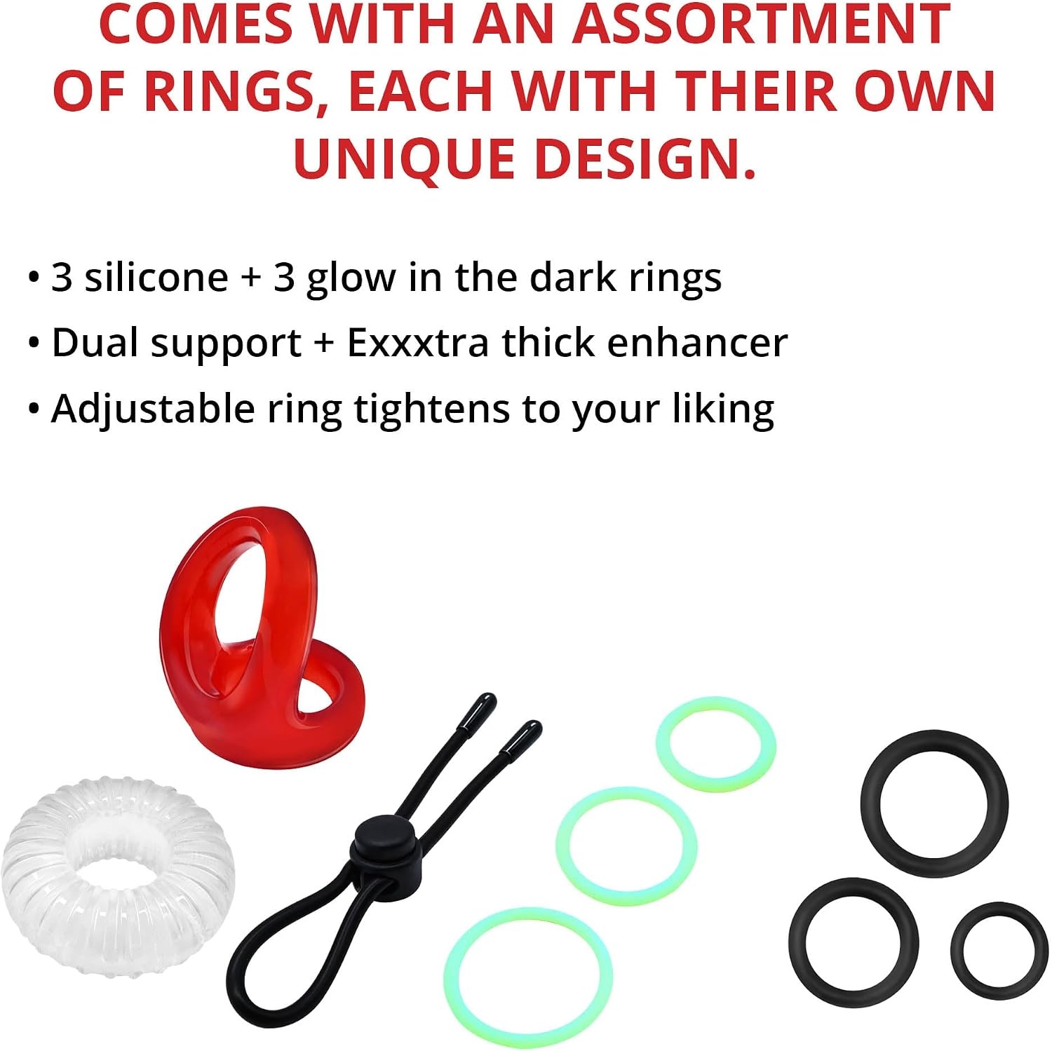 image:imageAdam amp Eve Family Jewels 9 Piece Penis Ring Set Adjustable Silicone Rings Dual Support Ring for Balls amp Shaft Exxxtra Thick Enhancer Glow in the Dark Rings Boost Performance amp Stimulation