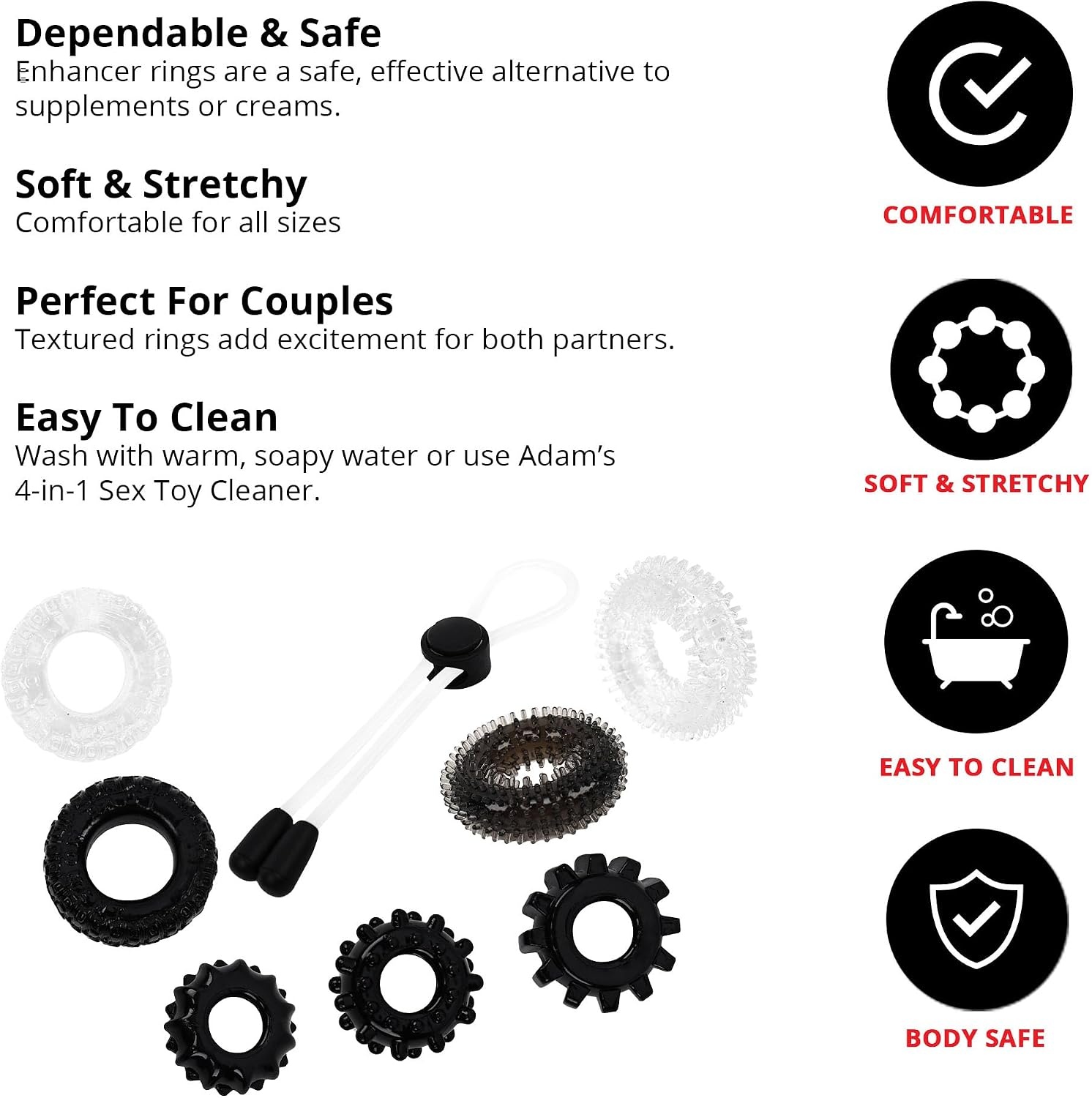 image:imageAdam and Eve Hard At Work 8 Piece Tool Kit Stretchy Penis Enhancers for Men Textured and Extra Thick Rings for Size Stamina and Performance Adjustable Cock Ring Set for Couples Bedroom Play