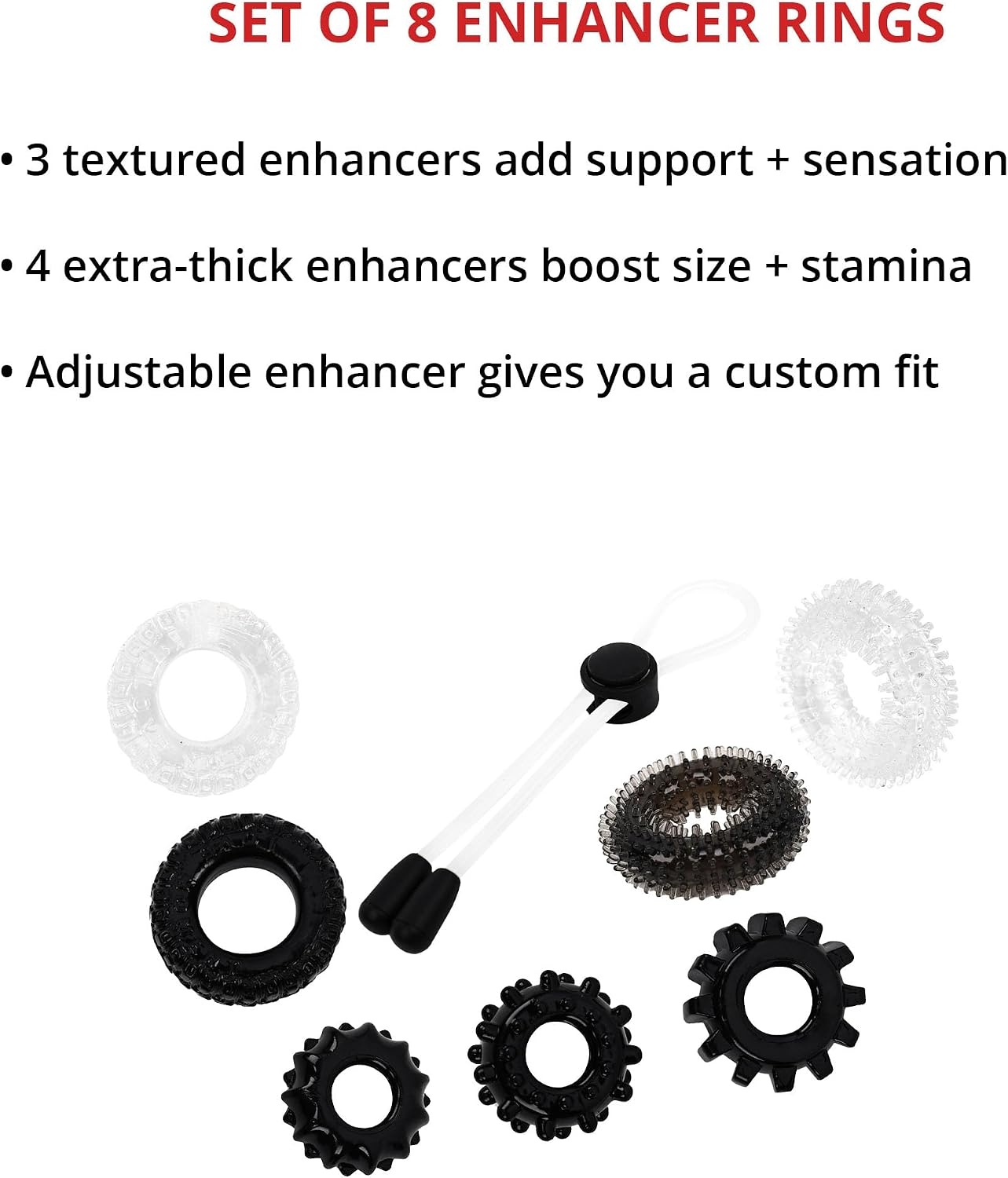 image:imageAdam and Eve Hard At Work 8 Piece Tool Kit Stretchy Penis Enhancers for Men Textured and Extra Thick Rings for Size Stamina and Performance Adjustable Cock Ring Set for Couples Bedroom Play